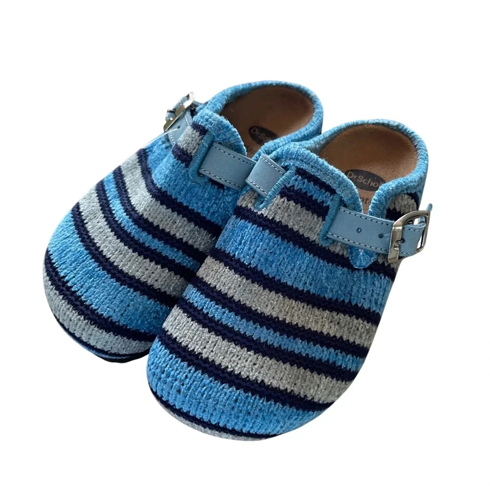 Dr. Scholl Adapta Clogs Kids 30 Blue Striped Cozy Knit Buckle Strap Mules Shoe